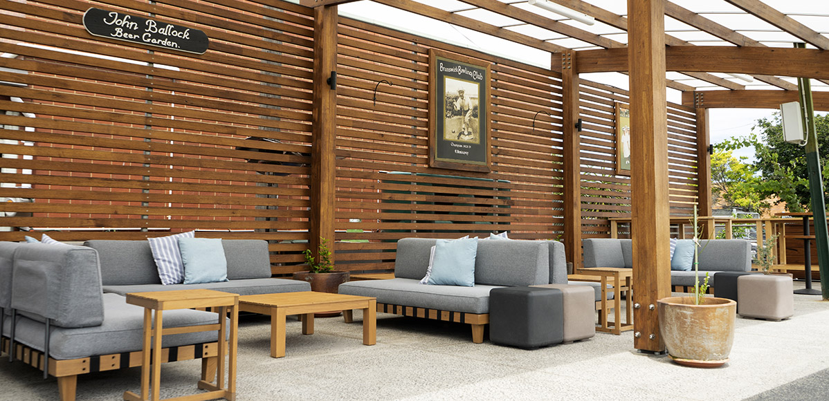 Outdoor beer garden at the Brunswick Bowls Club